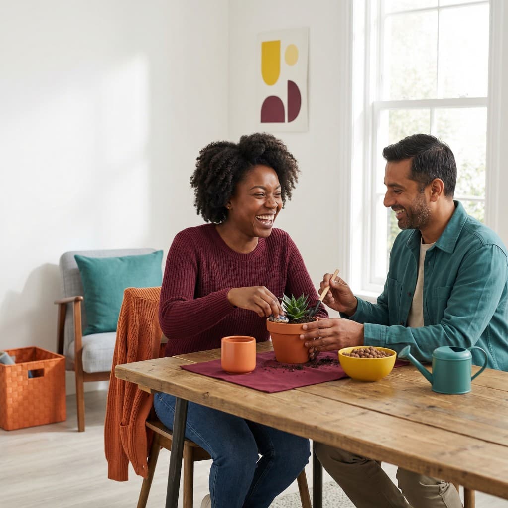Two people laughing together while potting a plant at a table