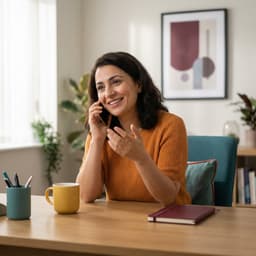 Woman smiling while talking on the phone at her desk