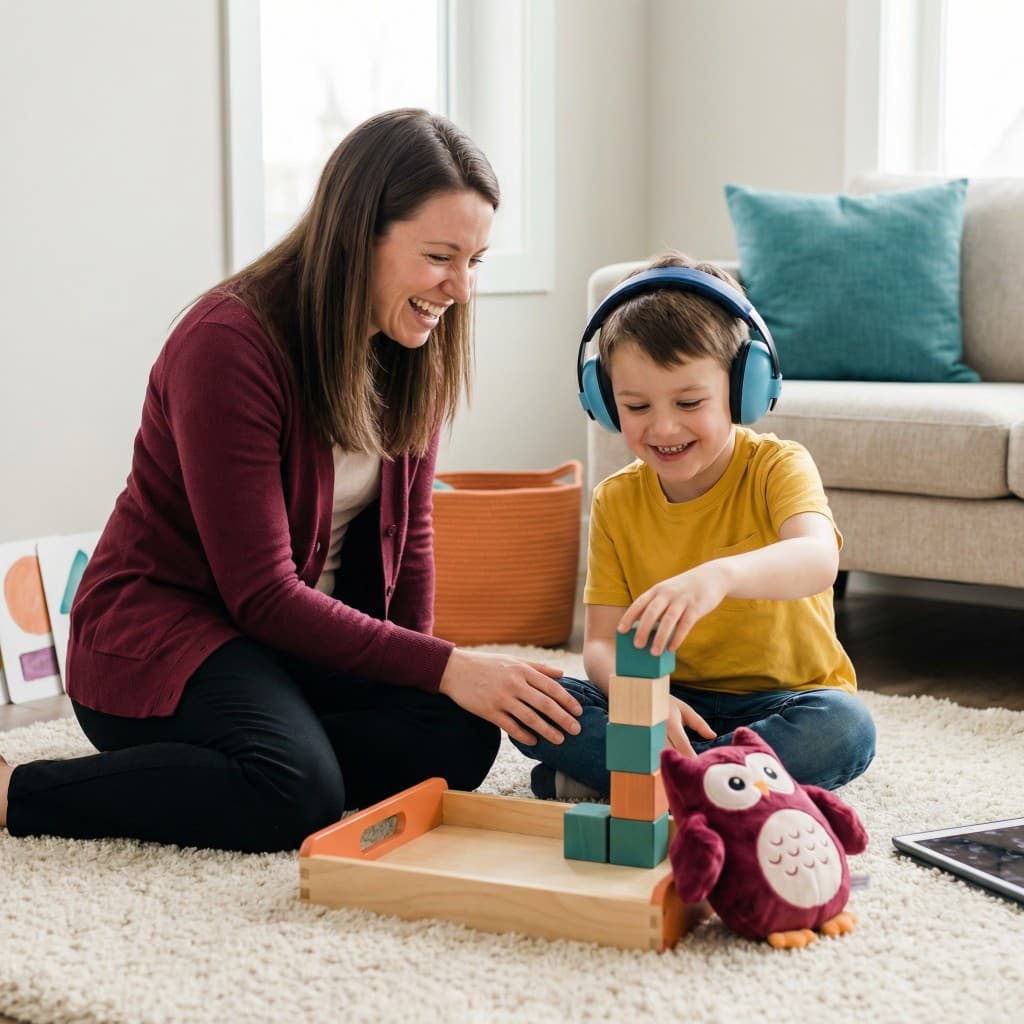 Child wearing headphones building blocks with a practitioner on the floor