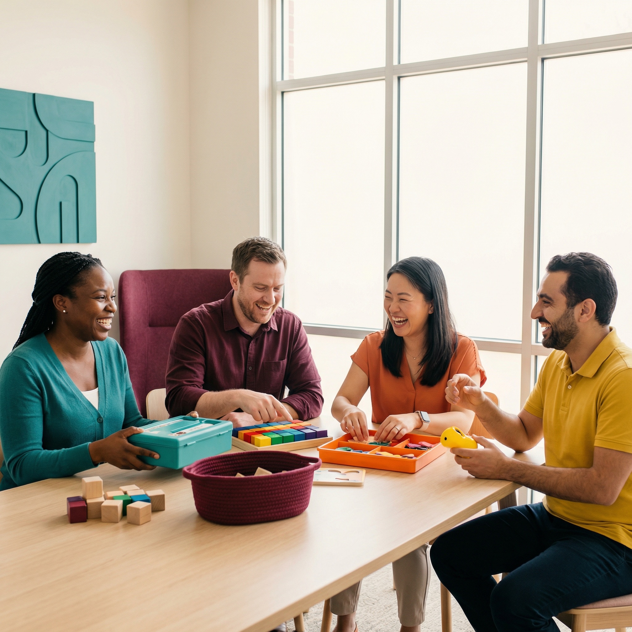 Diverse team laughing together around a table with colourful activities