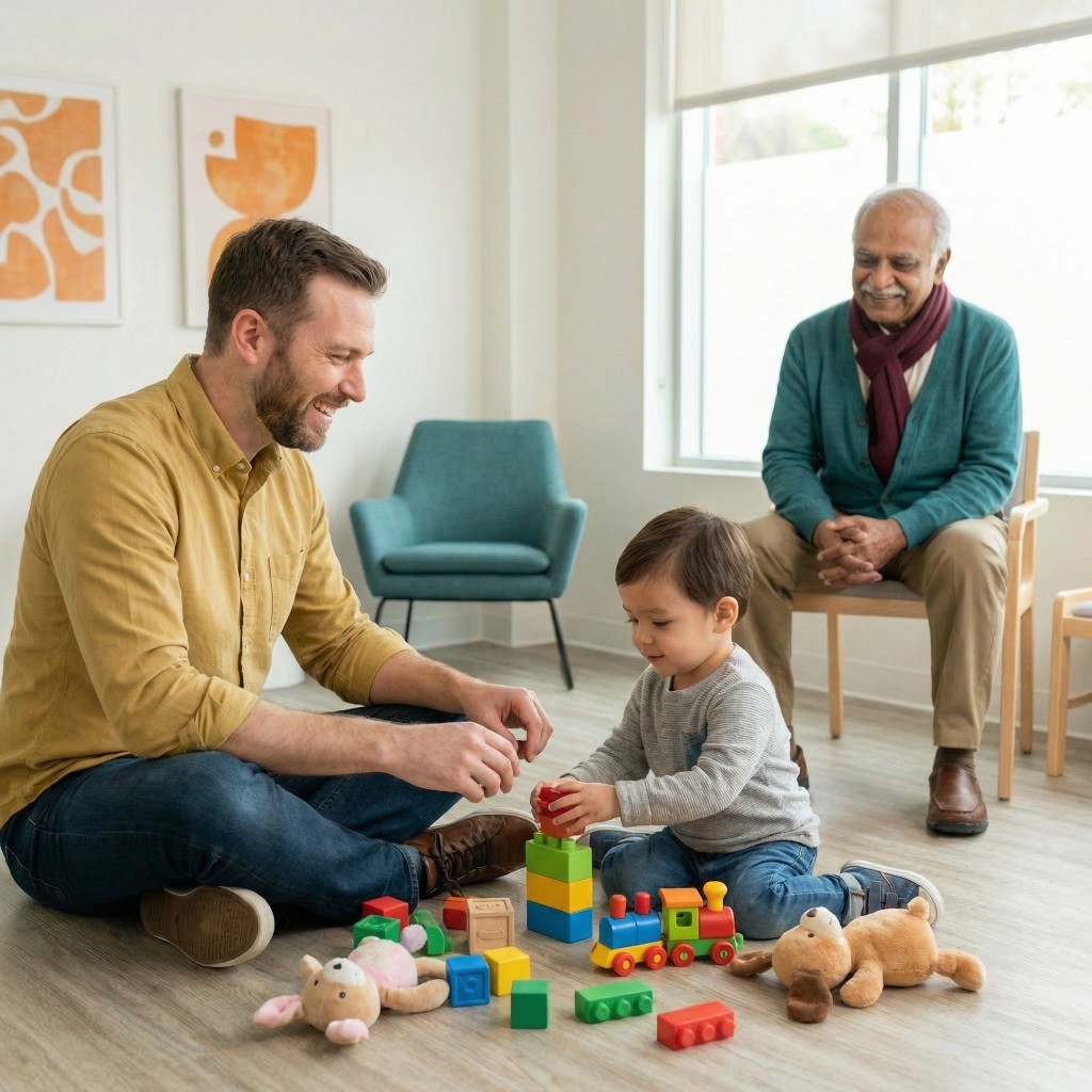 Toddler playing with colourful blocks on the floor with father and grandfather watching