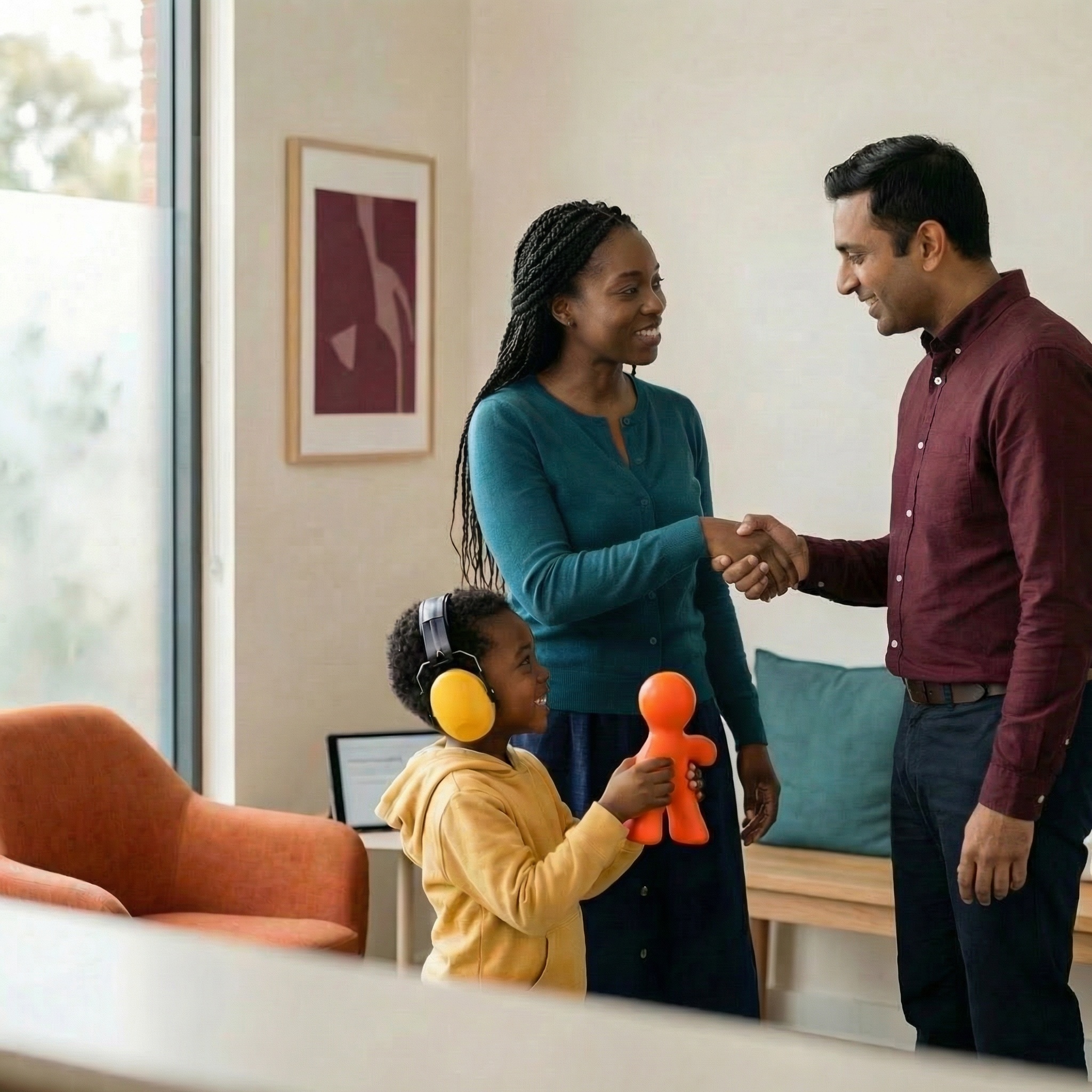 Mother and child meeting a therapist with a welcoming handshake