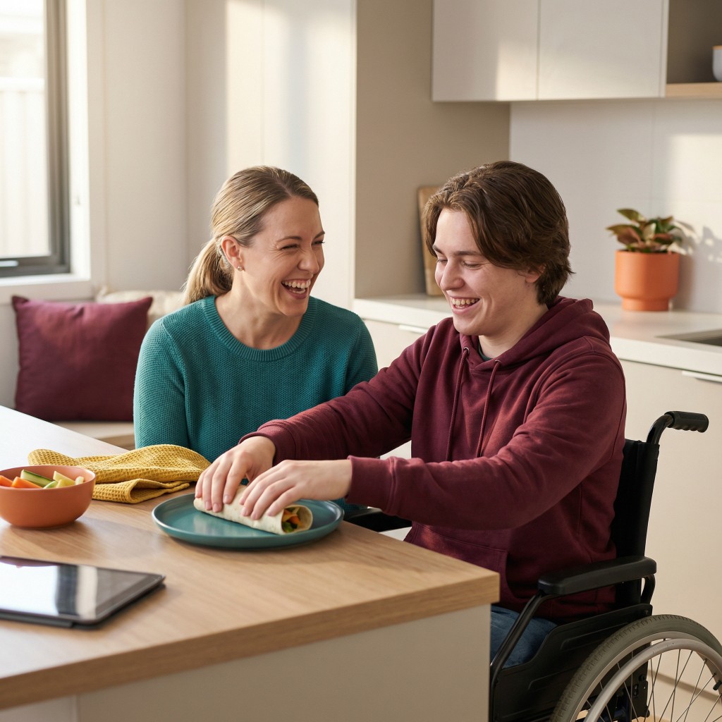 Young man in wheelchair preparing food in a kitchen with support worker laughing together