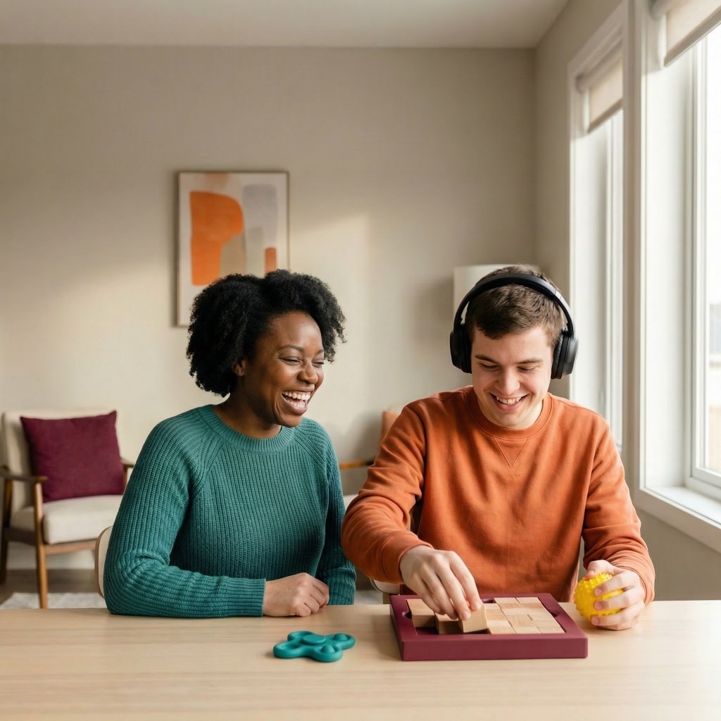Participant with headphones and practitioner laughing while doing a puzzle activity