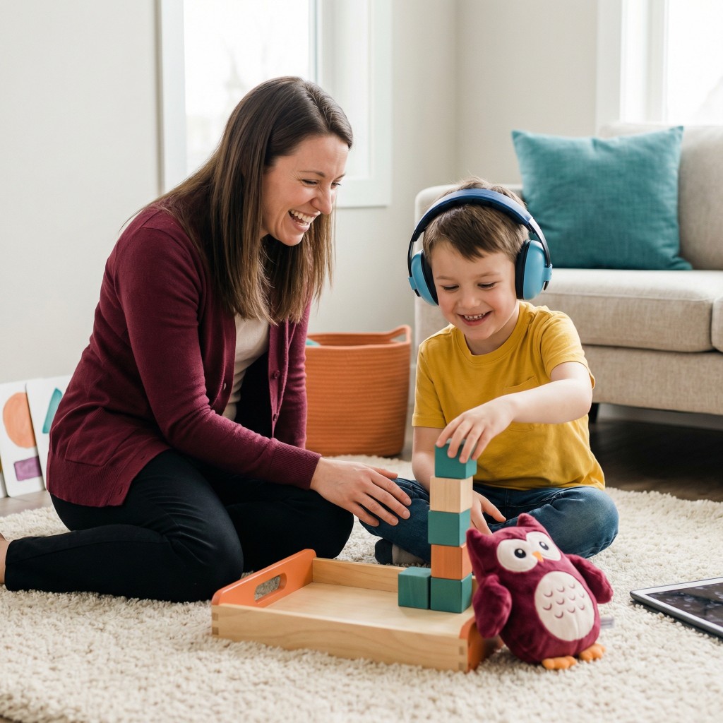 Child wearing headphones building blocks with a practitioner on the floor